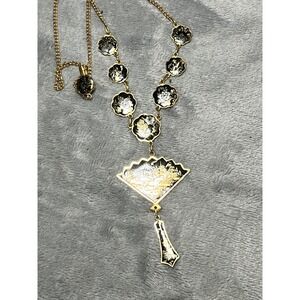 Vintage Japan Damascene Fan Necklace Black Gold Floral Pendant Necklace